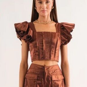 Bronze Romantic Puff-Sleeve Corset Crop Top | KEEPSAKE | size M
